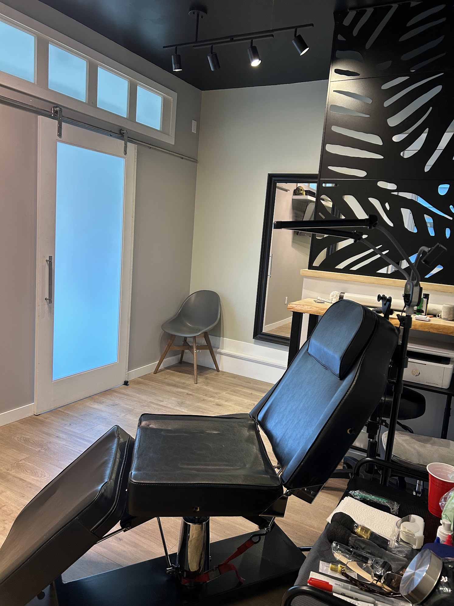 View across the studio toward the sliding glass door